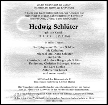Traueranzeige von Hedwig Schlüter von Tageszeitung