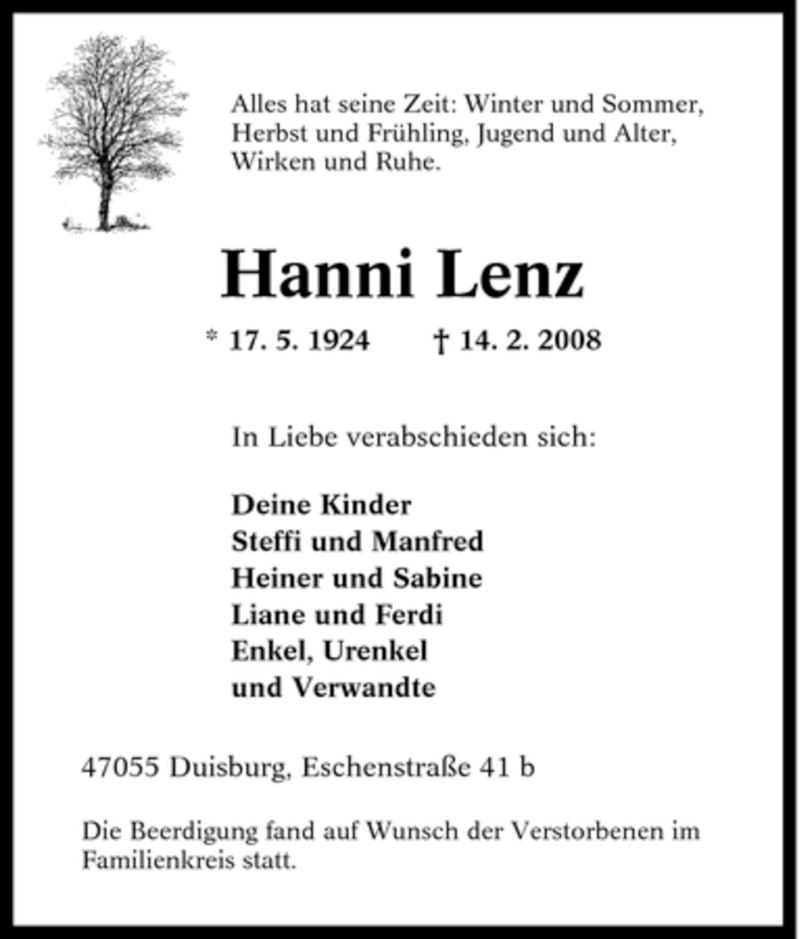  Traueranzeige für Hanni Lenz vom 23.02.2008 aus Tageszeitung