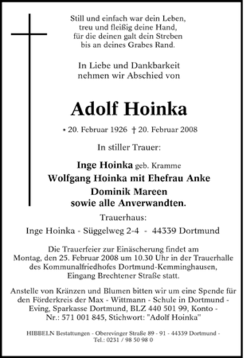 Traueranzeige von Adolf Hoinka von Tageszeitung