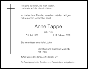 Traueranzeige von Anne Tappe von Tageszeitung