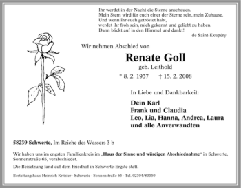 Traueranzeige von Renate Goll geb. Leithold von Tageszeitung