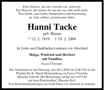 Traueranzeige von Hanni Tacke von Tageszeitung