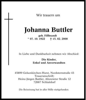 Traueranzeige von Johanna Buttler von Tageszeitung