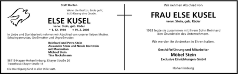  Traueranzeige für Else Kusel vom 23.02.2008 aus Tageszeitung