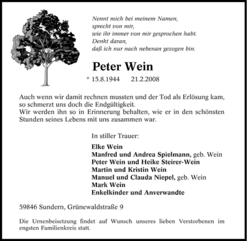  Traueranzeige für Peter Wein vom 23.02.2008 aus Tageszeitung