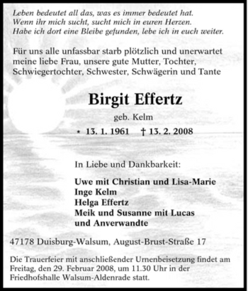 Traueranzeige von Birgit Effertz von Tageszeitung