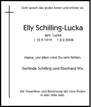 Traueranzeige von Elly Schilling-Lucka von Tageszeitung