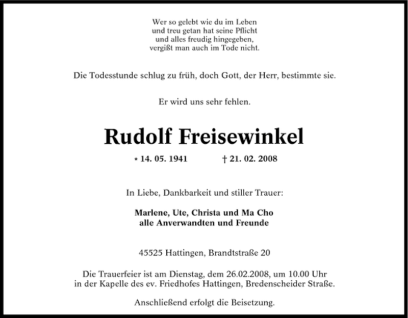  Traueranzeige für Rudolf Freisewinkel vom 23.02.2008 aus Tageszeitung