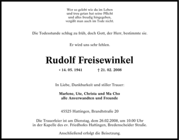 Traueranzeige von Rudolf Freisewinkel von Tageszeitung