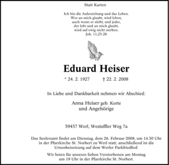 Traueranzeige von Eduard Heiser von Tageszeitung
