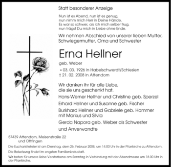 Traueranzeige von Erna Hellner von Tageszeitung