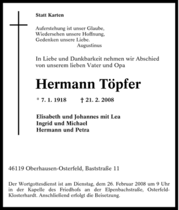 Traueranzeige von Hermann Töpfer von Tageszeitung
