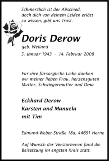 Traueranzeige von Doris Derow von Tageszeitung