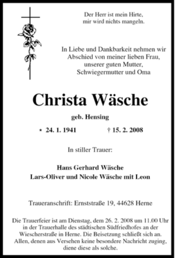 Traueranzeige von Christa Wäsche von Tageszeitung