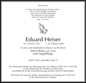 Traueranzeige von Eduard Heiser von Tageszeitung