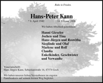 Traueranzeige von Hans-Peter Kann von Tageszeitung