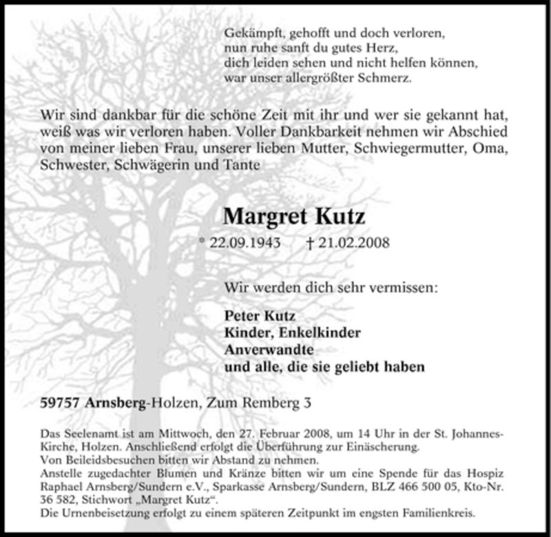 Traueranzeige für Margret Kutz vom 25.02.2008 aus Tageszeitung