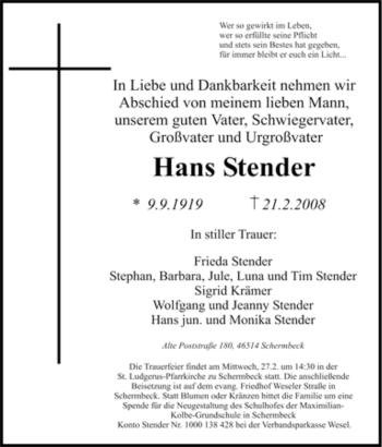 Traueranzeige von Hans Stender von Tageszeitung