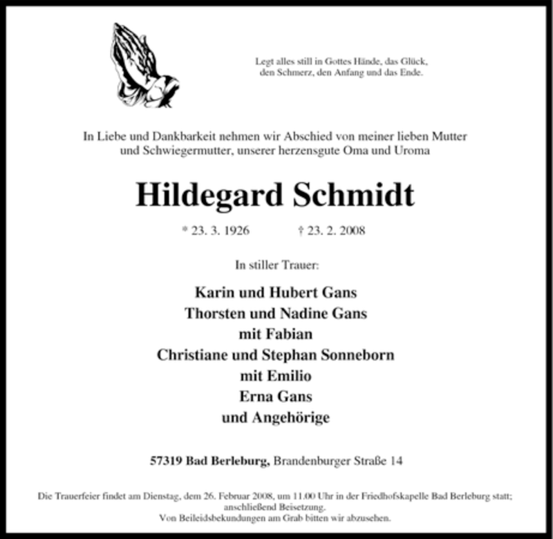  Traueranzeige für Hildegard Schmidt vom 25.02.2008 aus Tageszeitung