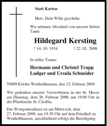 Traueranzeige von Hildegard Kersting von Tageszeitung