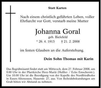 Traueranzeige von Johanna Goral von Tageszeitung