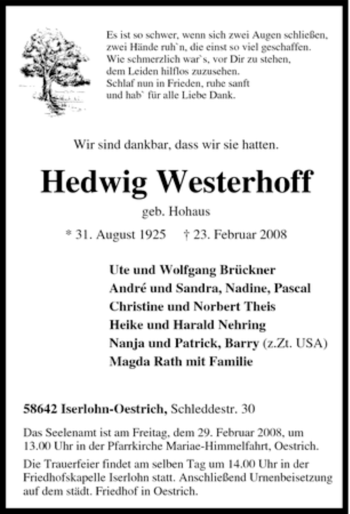 Traueranzeige von Hedwig Westerhoff von Tageszeitung