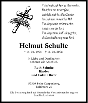 Traueranzeige von Helmut Schulte von Tageszeitung