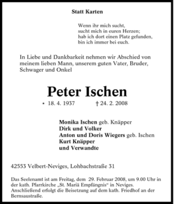 Traueranzeige von Peter Ischen von Tageszeitung