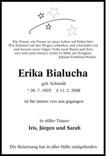 Traueranzeige von Erika Bialucha von Tageszeitung