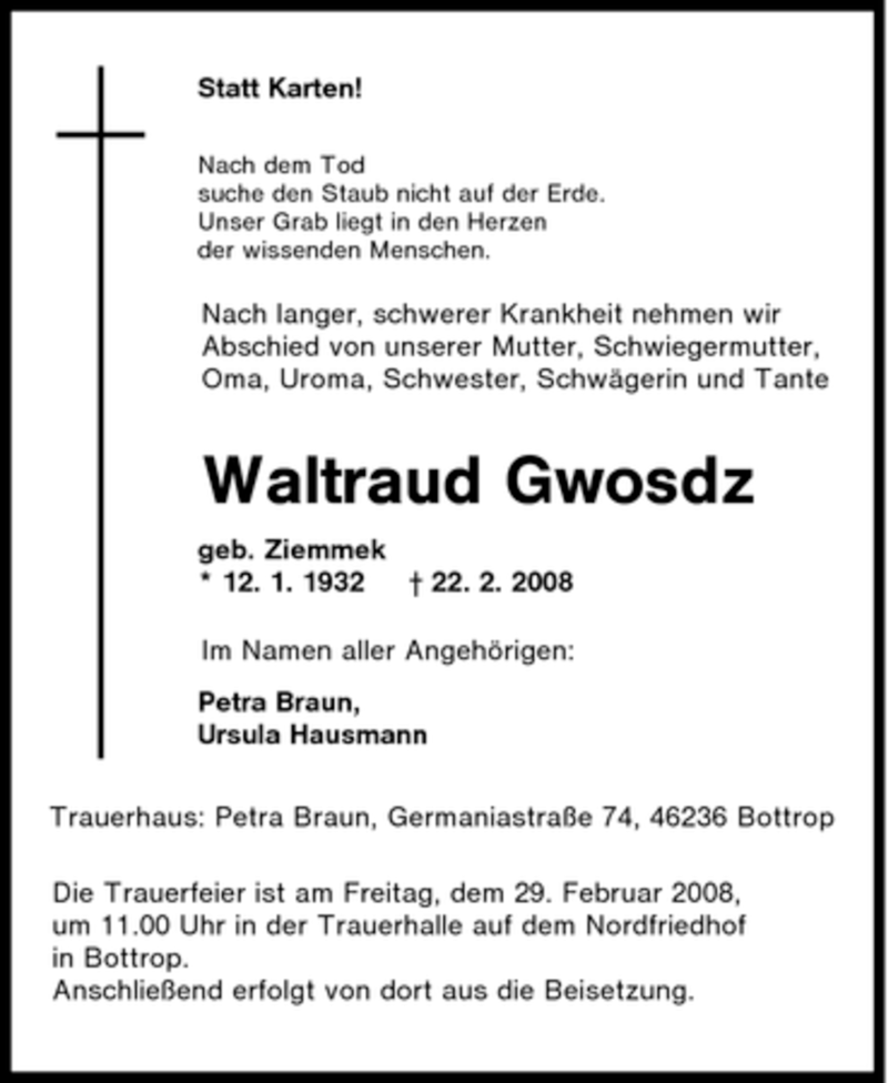  Traueranzeige für Waltraud Gwosdz vom 26.02.2008 aus Tageszeitung