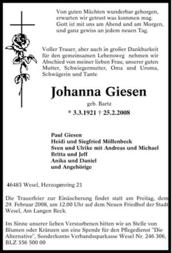 Traueranzeige von Johanna Giesen von Tageszeitung