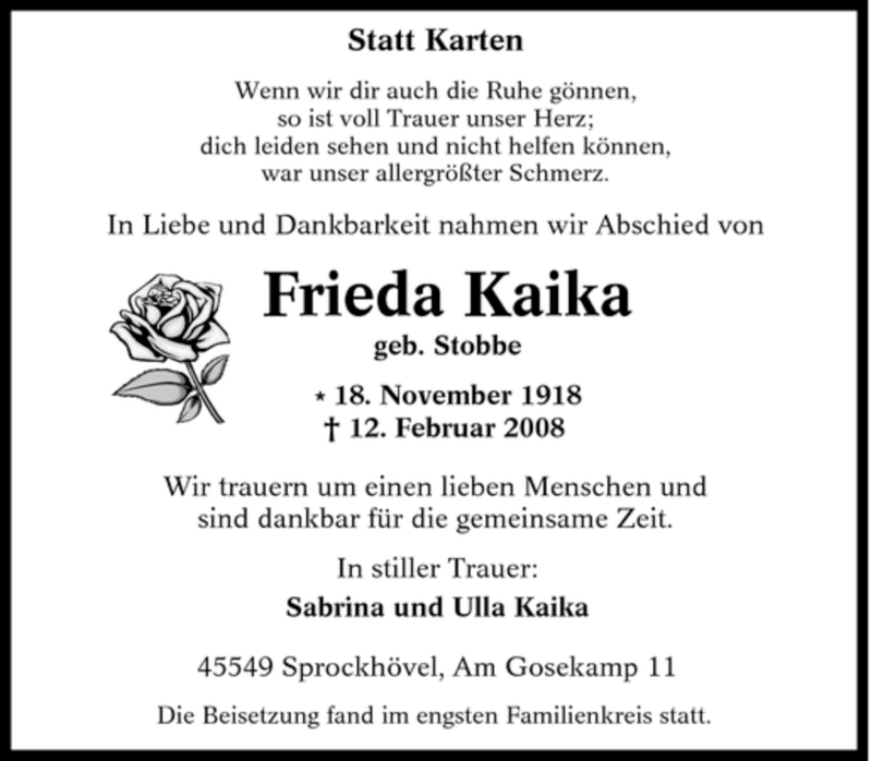  Traueranzeige für Frieda Kaika vom 27.02.2008 aus Tageszeitung