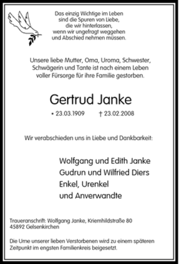 Traueranzeige von Gertrud Janke von Tageszeitung