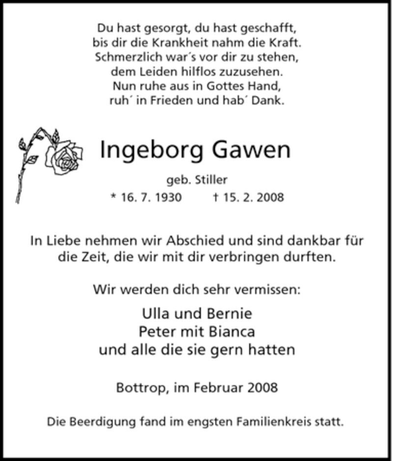  Traueranzeige für Ingeborg Gawen vom 27.02.2008 aus Tageszeitung