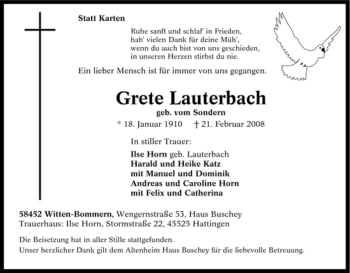 Traueranzeige von Grete Lauterbach von Tageszeitung