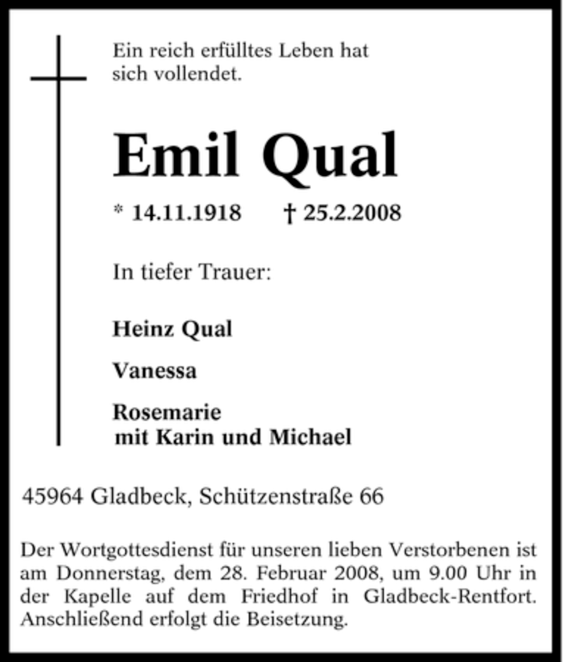  Traueranzeige für Emil Qual vom 27.02.2008 aus Tageszeitung