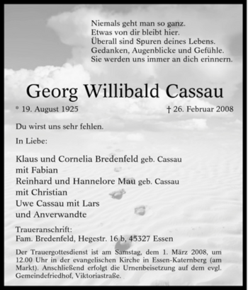 Traueranzeige von Georg Willibald Cassau von Tageszeitung