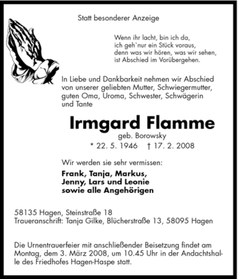  Traueranzeige für Irmgard Flamme vom 27.02.2008 aus Tageszeitung