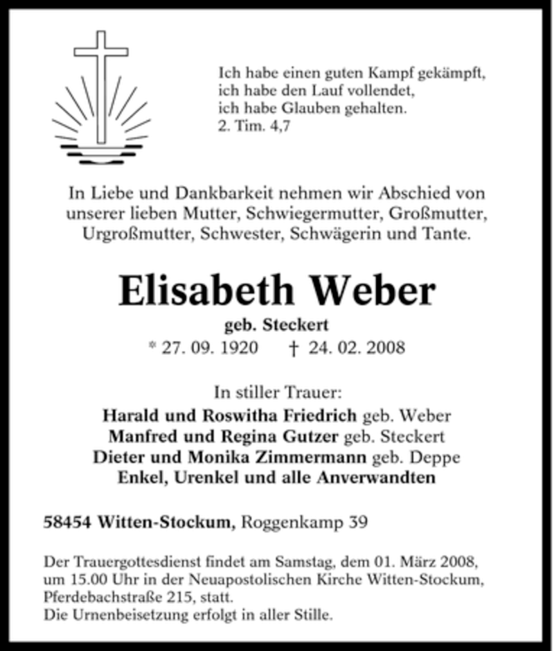  Traueranzeige für Elisabeth Weber vom 27.02.2008 aus Tageszeitung