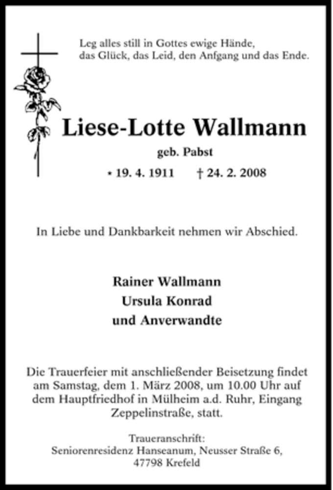  Traueranzeige für Liese-Lotte Wallmann vom 28.02.2008 aus Tageszeitung