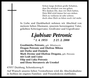 Traueranzeige von Ljubisav Petronic von Tageszeitung
