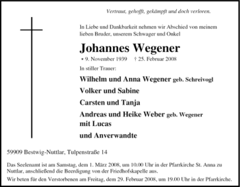 Traueranzeige von Johannes Wegener von Tageszeitung
