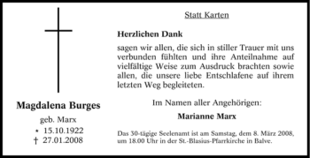 Traueranzeige von Magdalena Burges von Tageszeitung