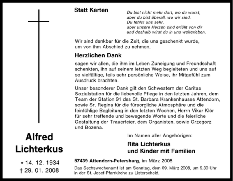  Traueranzeige für Alfred Lichterkus vom 04.03.2008 aus Tageszeitung