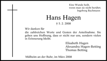 Traueranzeige von Hans Hagen von Tageszeitung