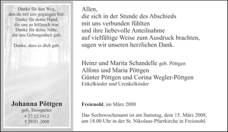  Traueranzeige für Johanna Pöttgen vom 08.03.2008 aus Tageszeitung