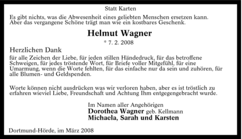 Traueranzeige für Helmut Wagner vom 08.03.2008 aus Tageszeitung