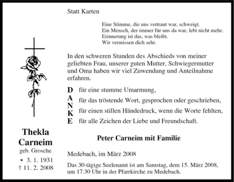  Traueranzeige für Thekla Carneim vom 08.03.2008 aus Tageszeitung