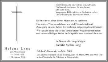 Traueranzeige von Helene Lang von Tageszeitung