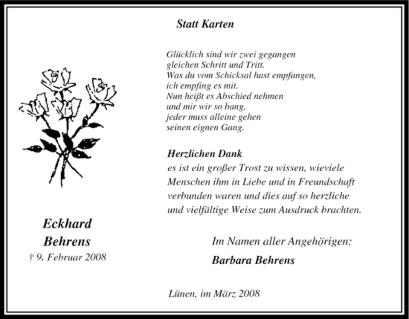  Traueranzeige für Eckhard Behrens vom 08.03.2008 aus Tageszeitung